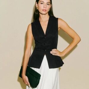 Reformation |‎ Oakley Peplum Collared Fitted Vest with Velvet Buttons in Black